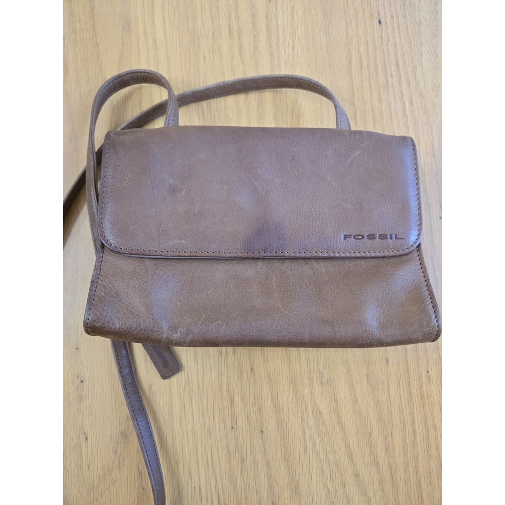 VTG Fossil Honey Brown Kiss lock Cross Body Shoulder Mini Bag Organizer Leather